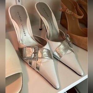 Chinese Laundry Metallic Silver and White Heels